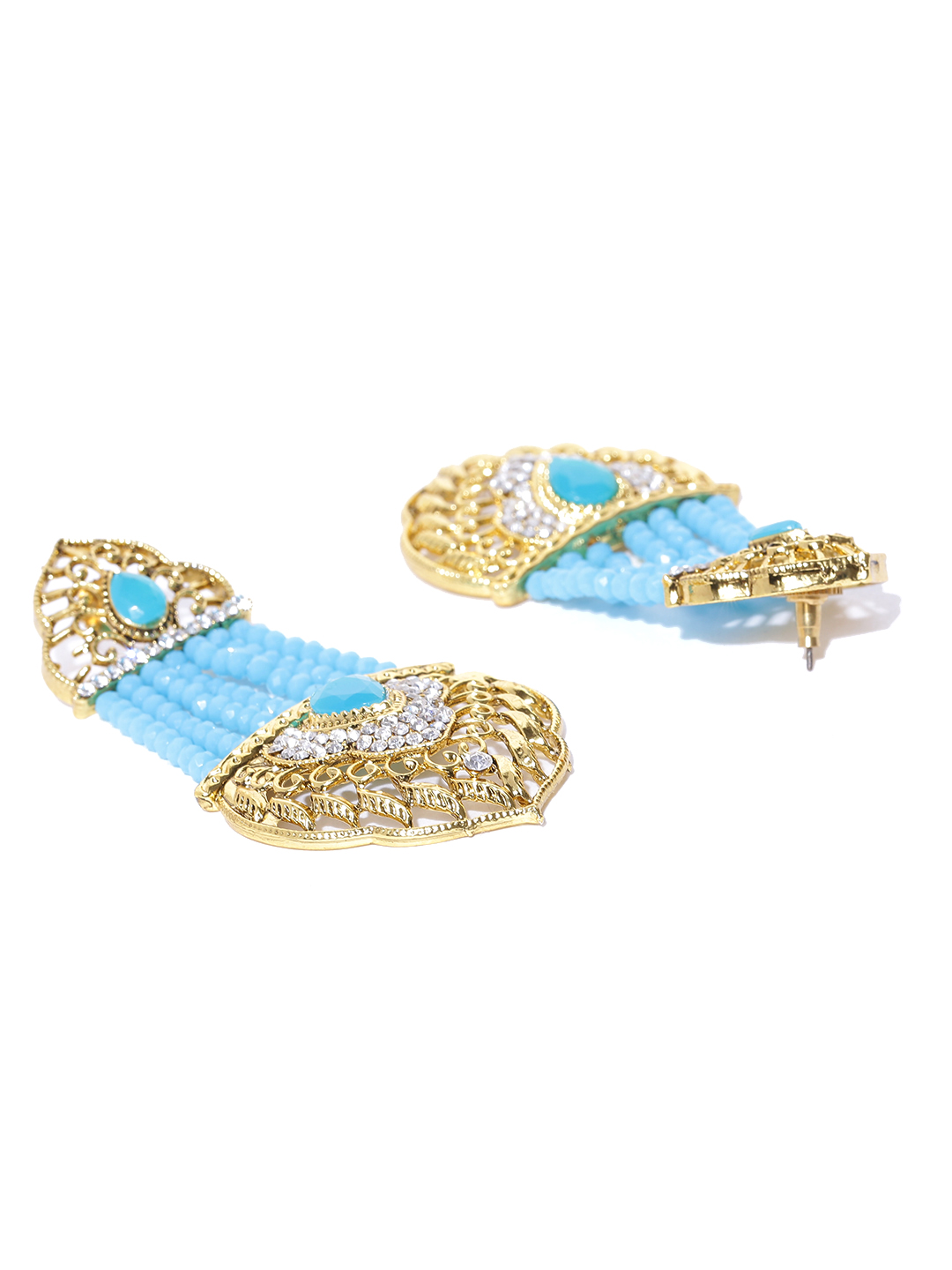 YouBella Blue Gold-Plated Stone-Studded Beaded Drop Earrings